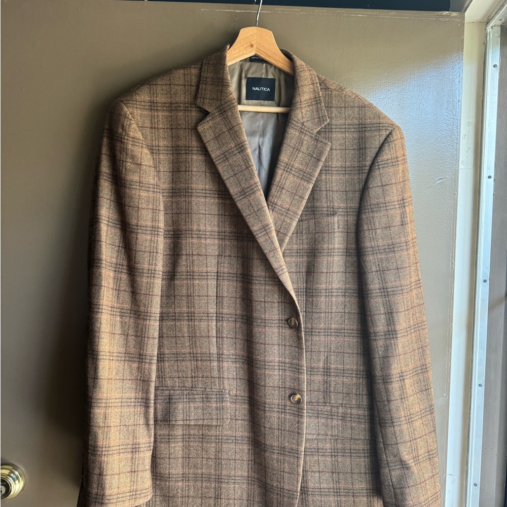 Nautica Men's Wool Tan Checkered Blazer